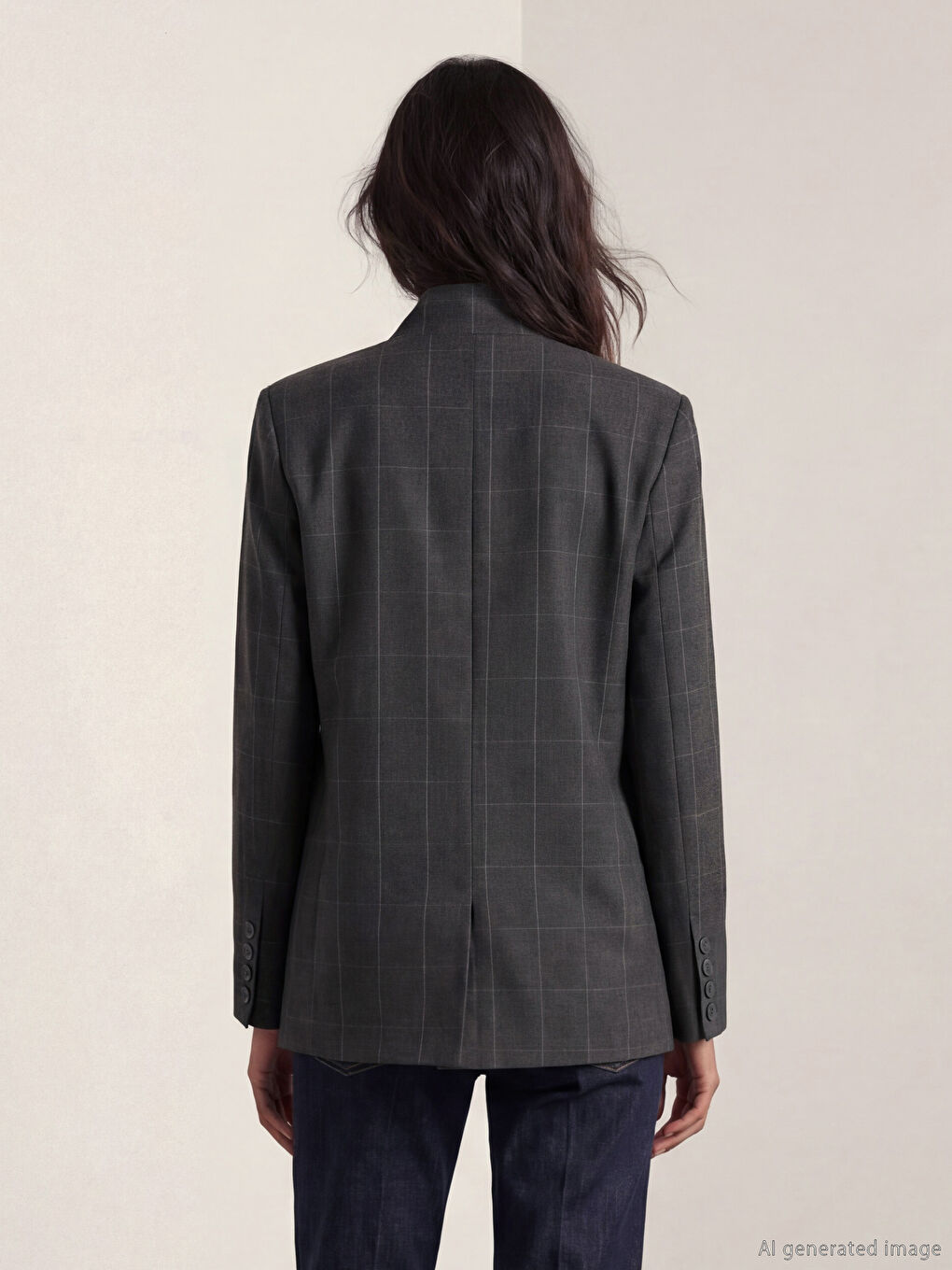 Lacivert Dik Yaka Ekose Kadın Blazer Ceket-4