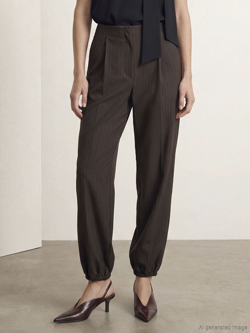 Kahverengi Loose Fit Çizgili Kadın Pileli Jogger Pantolon-1