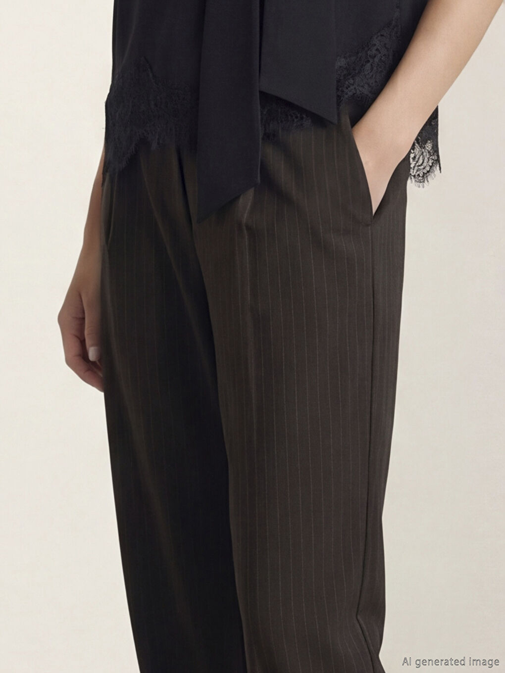 Kahverengi Loose Fit Çizgili Kadın Pileli Jogger Pantolon-2