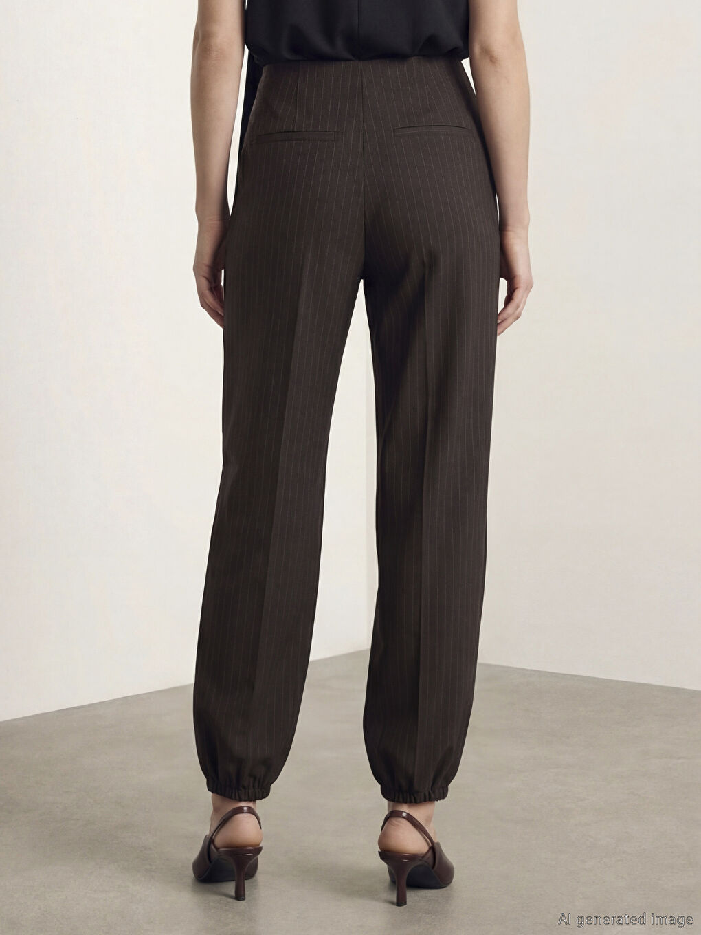 Kahverengi Loose Fit Çizgili Kadın Pileli Jogger Pantolon-3