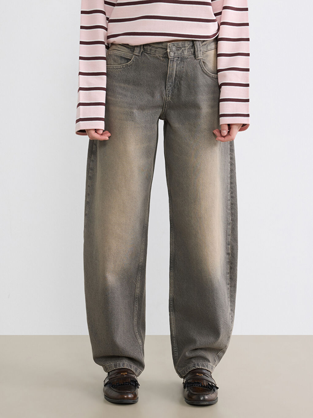 Kahverengi Balloon Fit Kadın Jean Pantolon-1