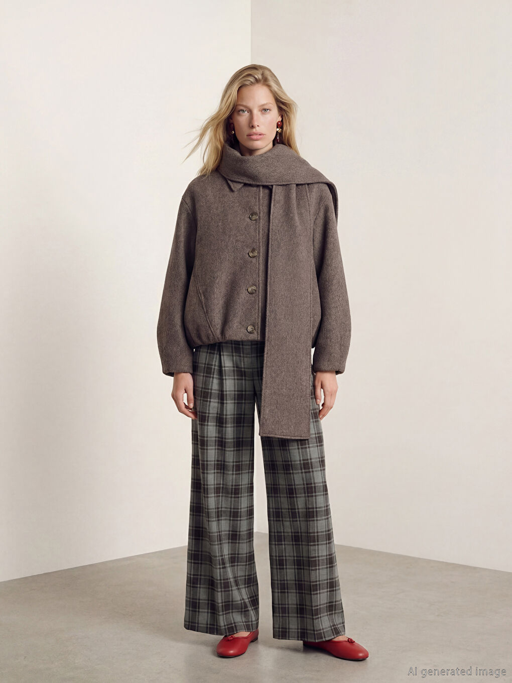 Kahverengi Şal Yaka Oversize Kadın Kaşe Kaban-1