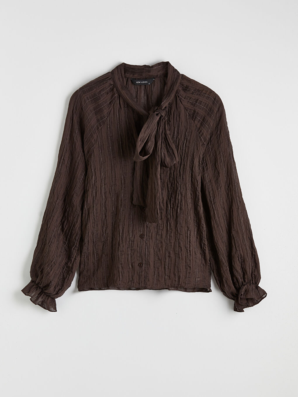 Kahverengi Fular Yakalı Dokulu Kadın Gömlek-4