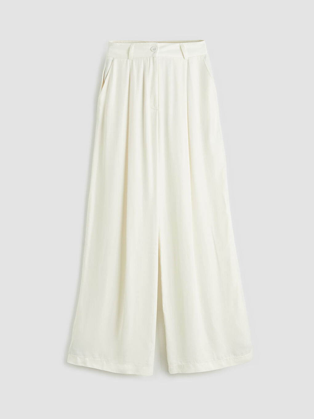 Ekru Yüksek Bel Kadın Pileli Kumaş Pantolon-2