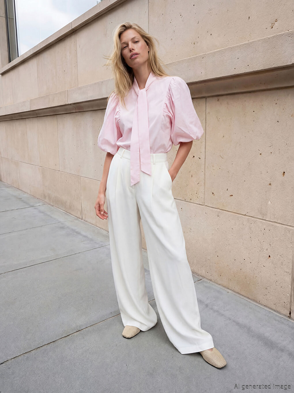 Ekru Yüksek Bel Kadın Pileli Kumaş Pantolon