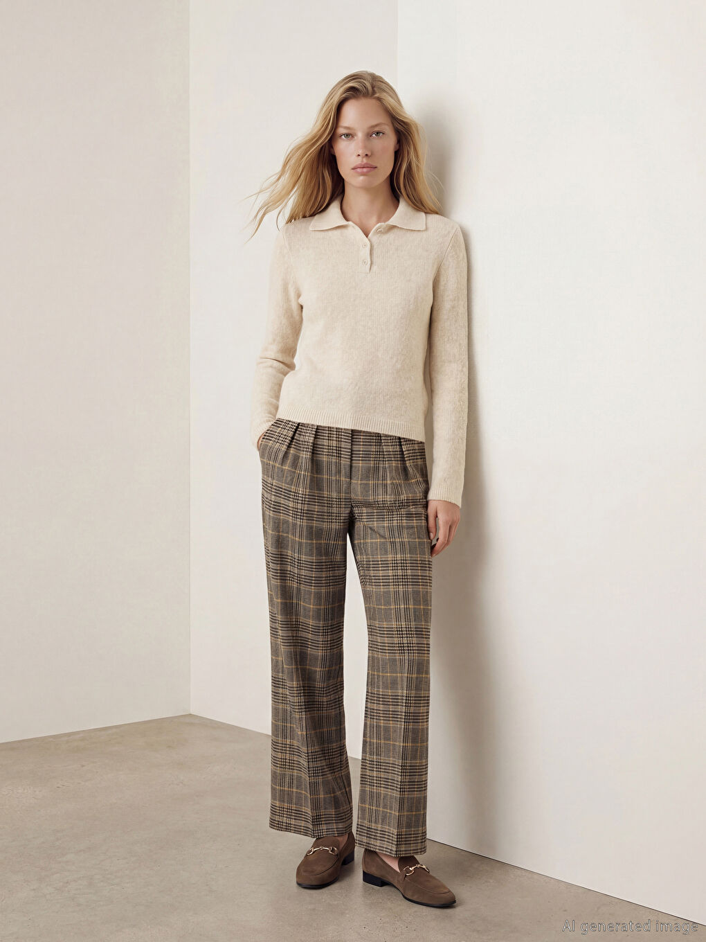 Kahverengi Standart Fit Ekose Kadın Kumaş Pantolon