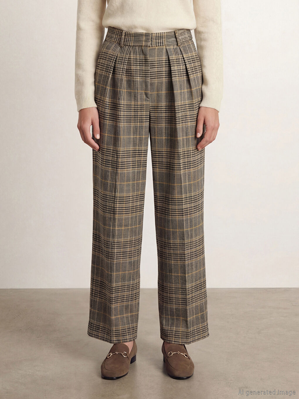 Kahverengi Standart Fit Ekose Kadın Kumaş Pantolon-1