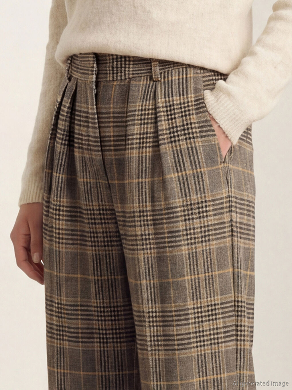 Kahverengi Standart Fit Ekose Kadın Kumaş Pantolon-2