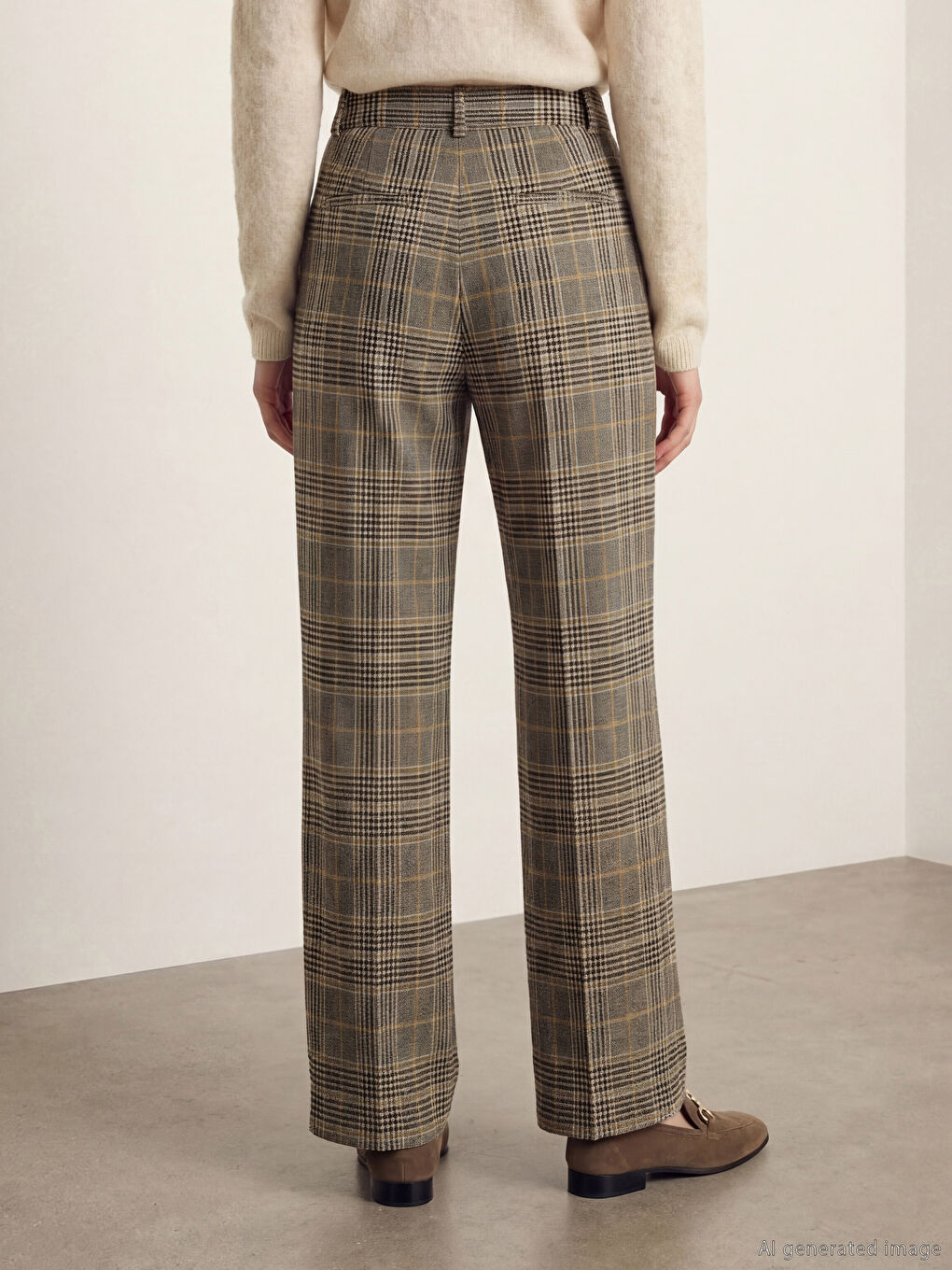 Kahverengi Standart Fit Ekose Kadın Kumaş Pantolon-3