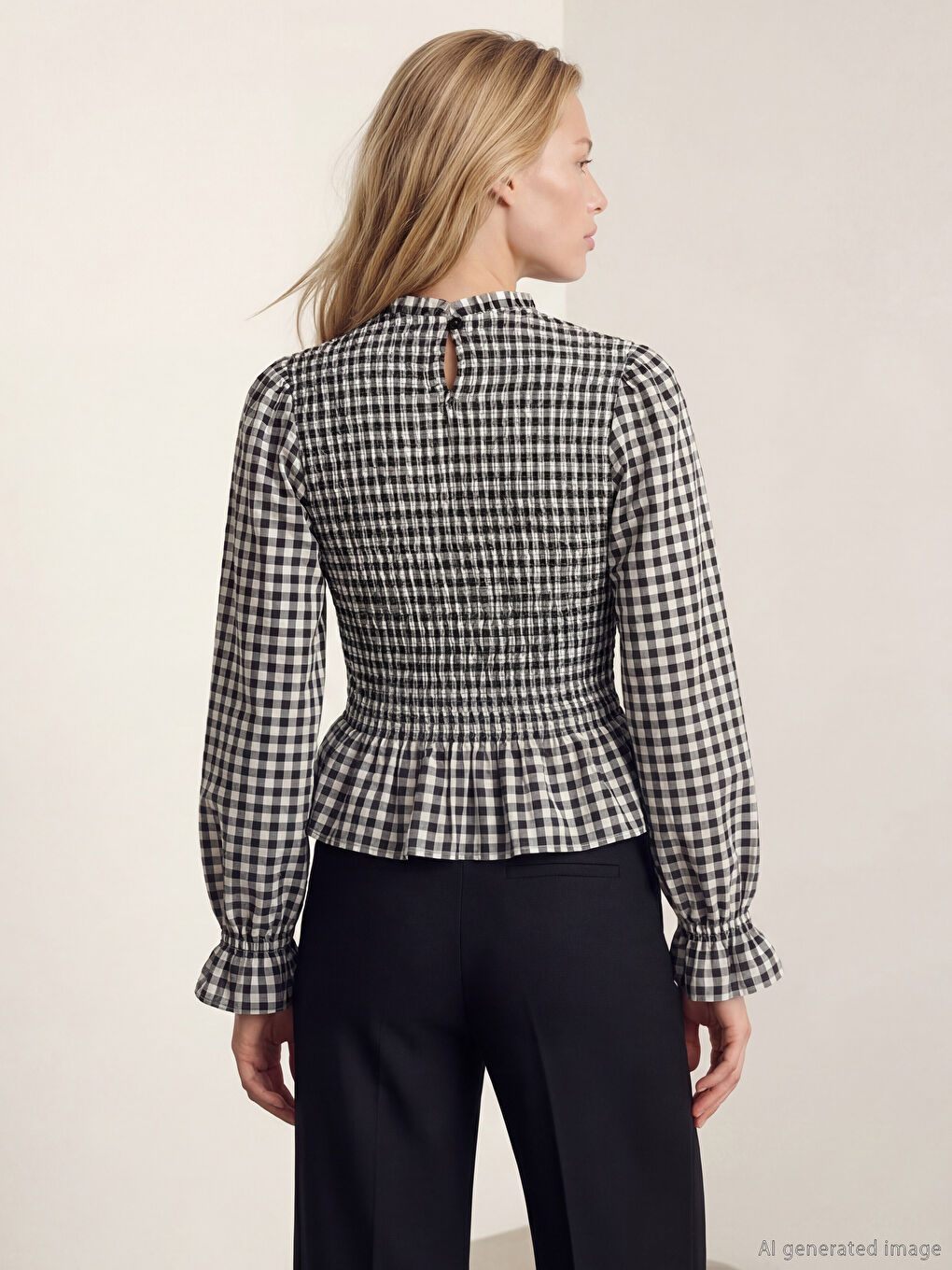 Siyah Ekose Balon Kollu Gipeli Bluz-2