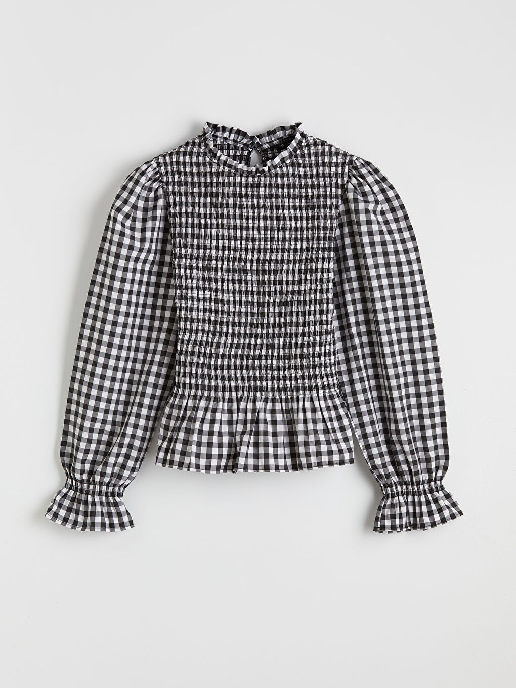 Siyah Dik Yaka Ekose Balon Kollu Gipeli Bluz