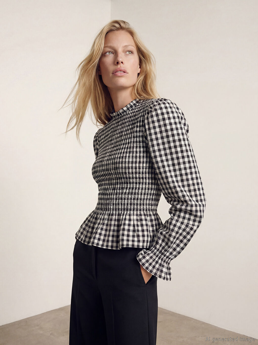 Siyah Ekose Balon Kollu Gipeli Bluz