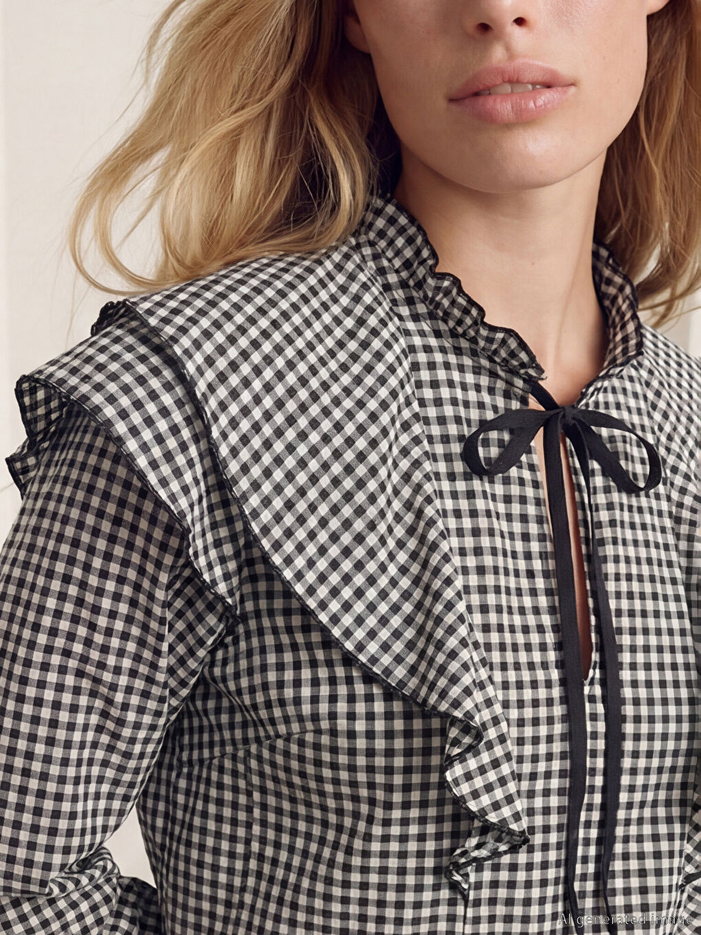 Siyah Bağlamalı Yaka Ekose Fırfırlı Bluz-1