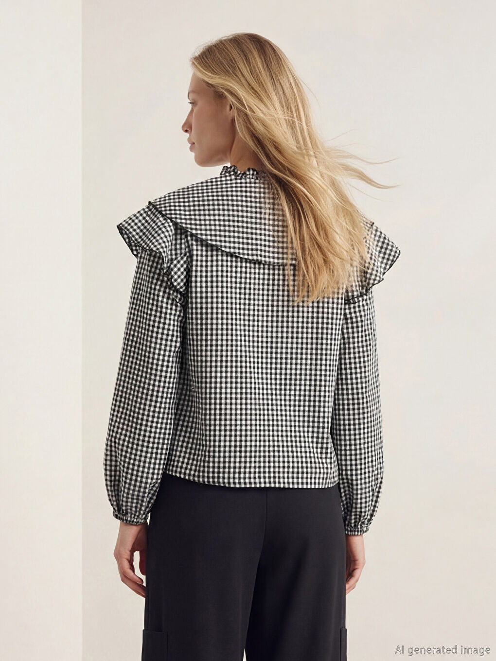 Siyah Bağlamalı Yaka Ekose Fırfırlı Bluz-2