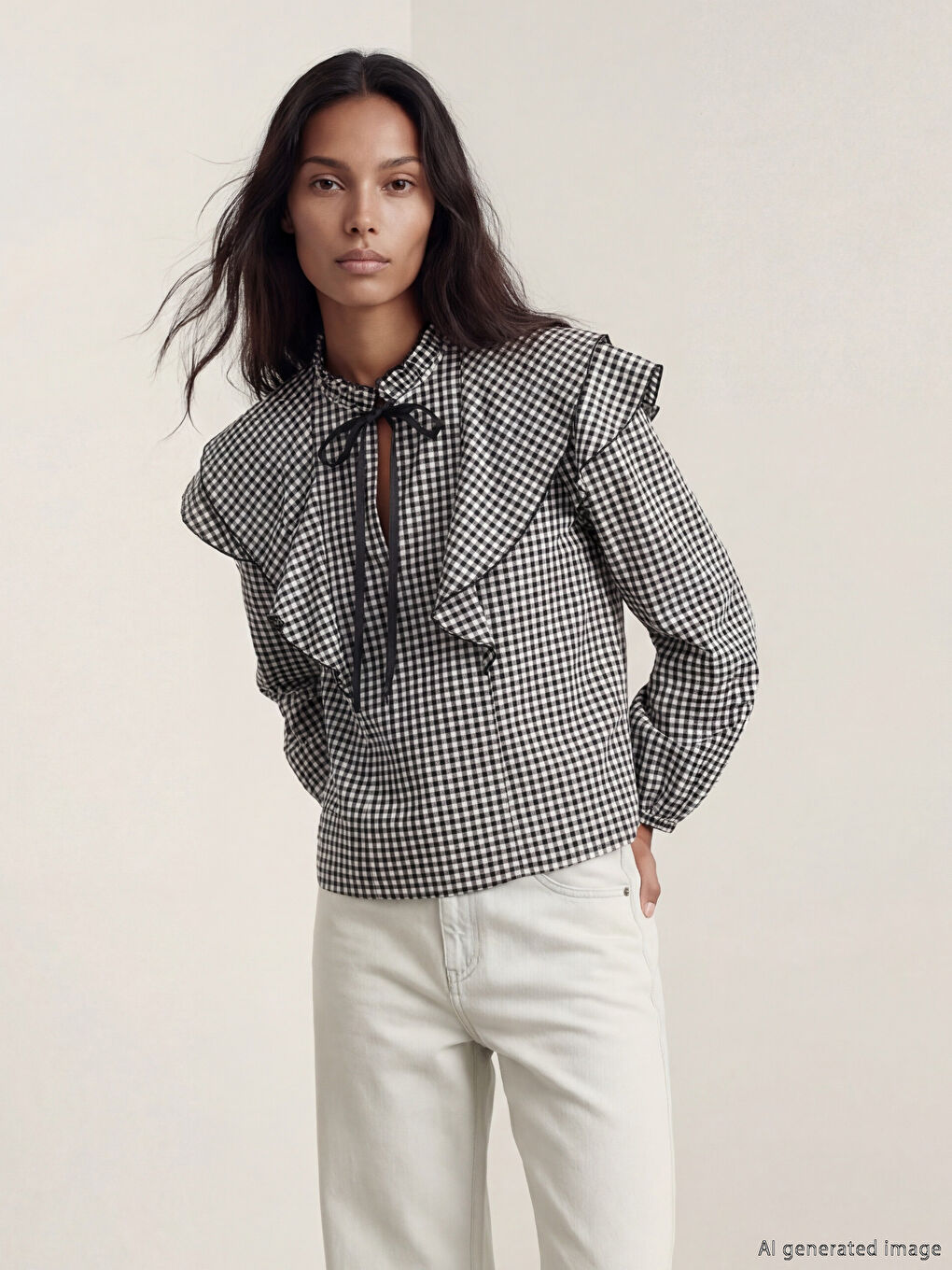 Siyah Bağlamalı Yaka Ekose Fırfırlı Bluz