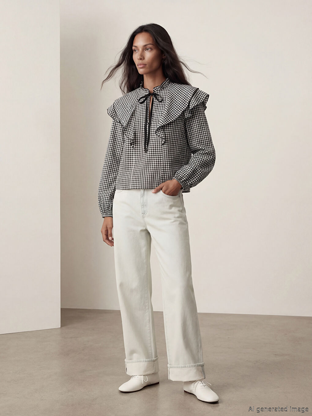 Siyah Bağlamalı Yaka Ekose Fırfırlı Bluz-1