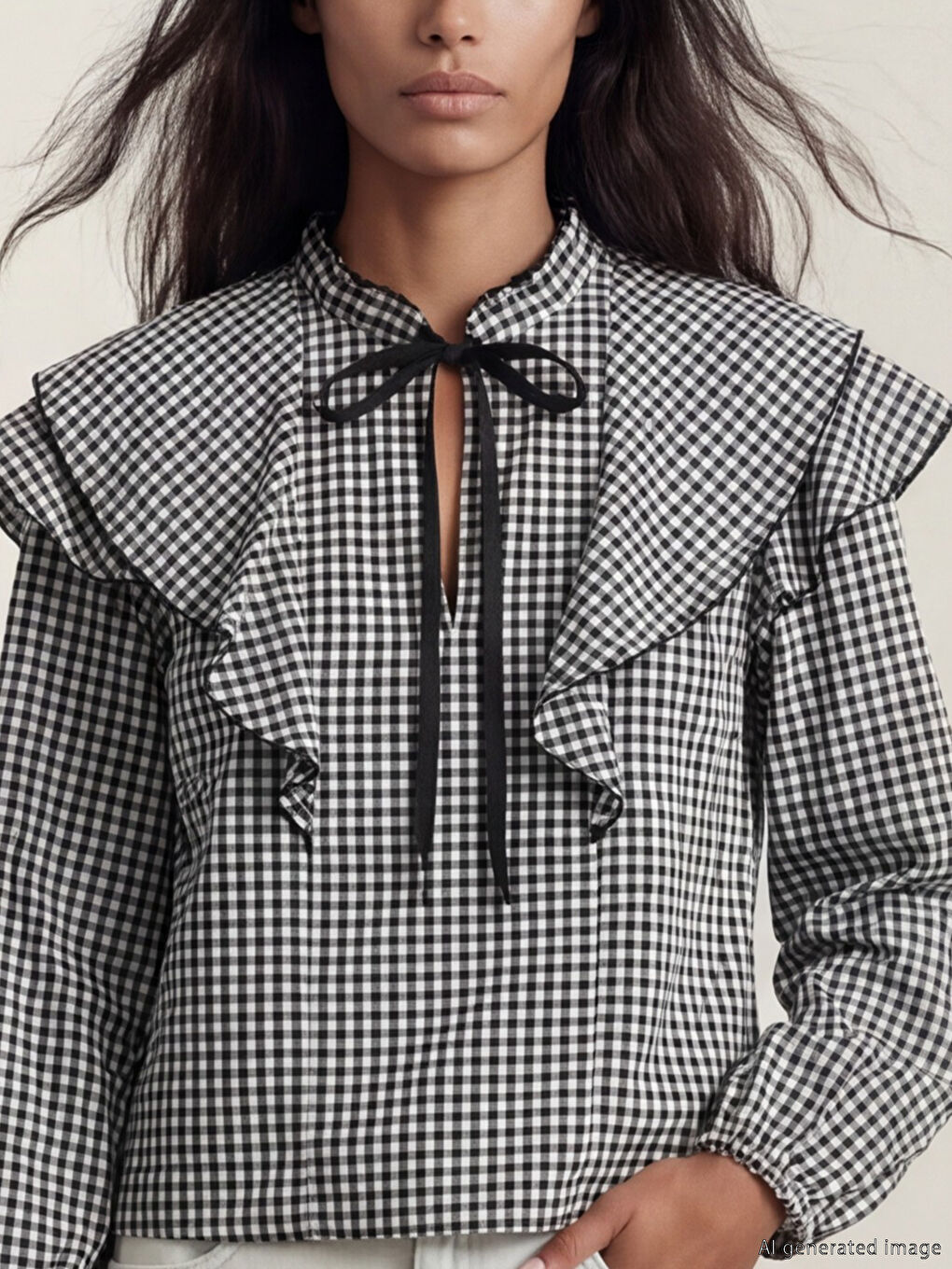 Siyah Bağlamalı Yaka Ekose Fırfırlı Bluz-2