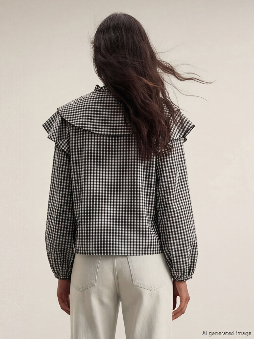 Siyah Bağlamalı Yaka Ekose Fırfırlı Bluz-3