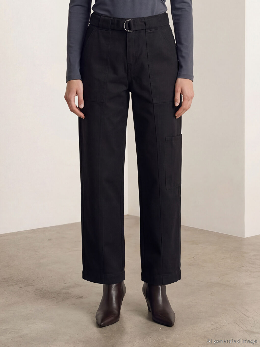 Siyah Beli Kemerli Dar Fit Kadın Kargo Pantolon-1