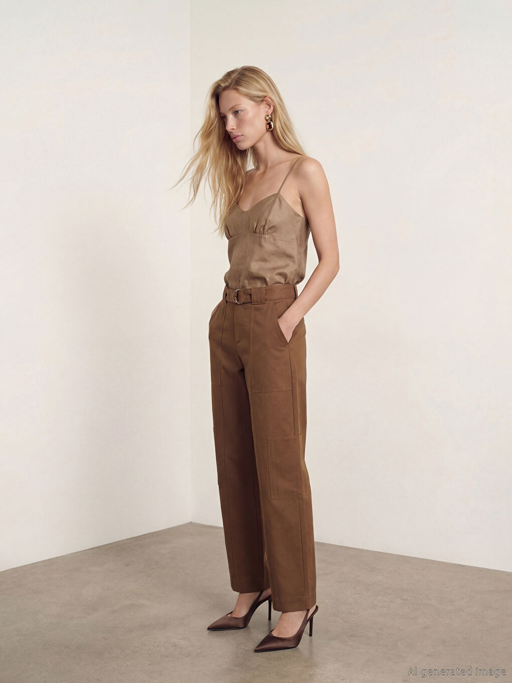 Kahverengi Beli Kemerli Dar Fit Kadın Kargo Pantolon