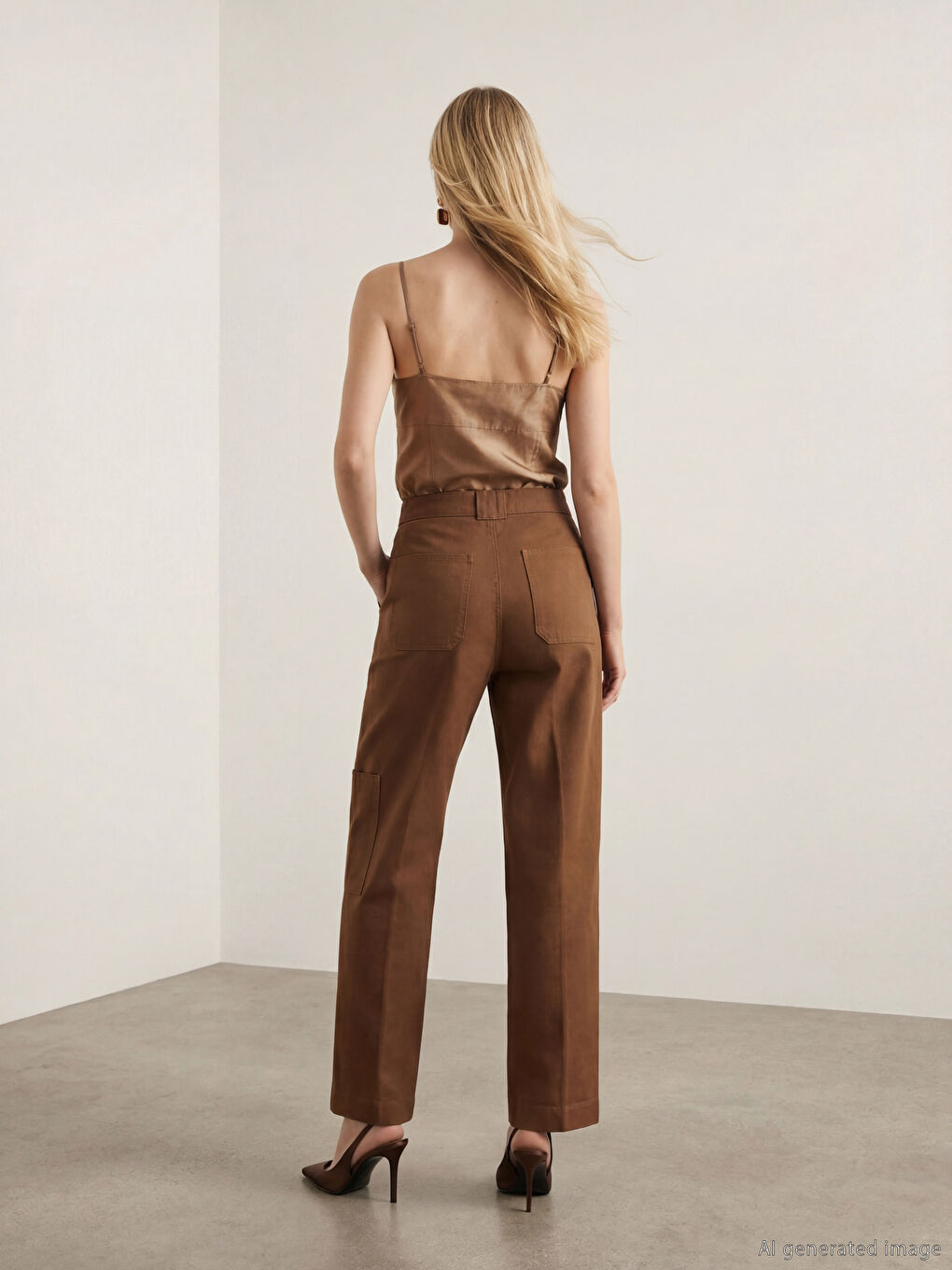 Kahverengi Beli Kemerli Dar Fit Kadın Kargo Pantolon-2