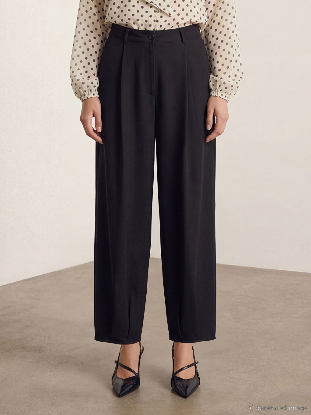 Siyah Yüksek Bel Havuç Kesim Kadın Pileli Kumaş Pantolon-1