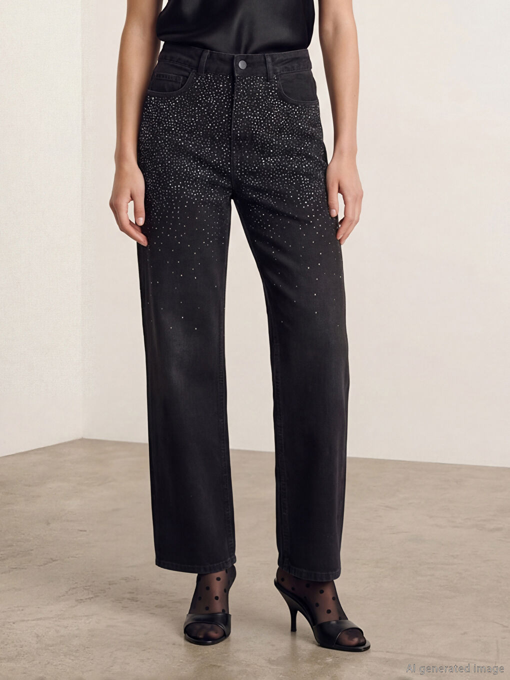Siyah Straight Fit Taşlı Kadın Jean Pantolon-2
