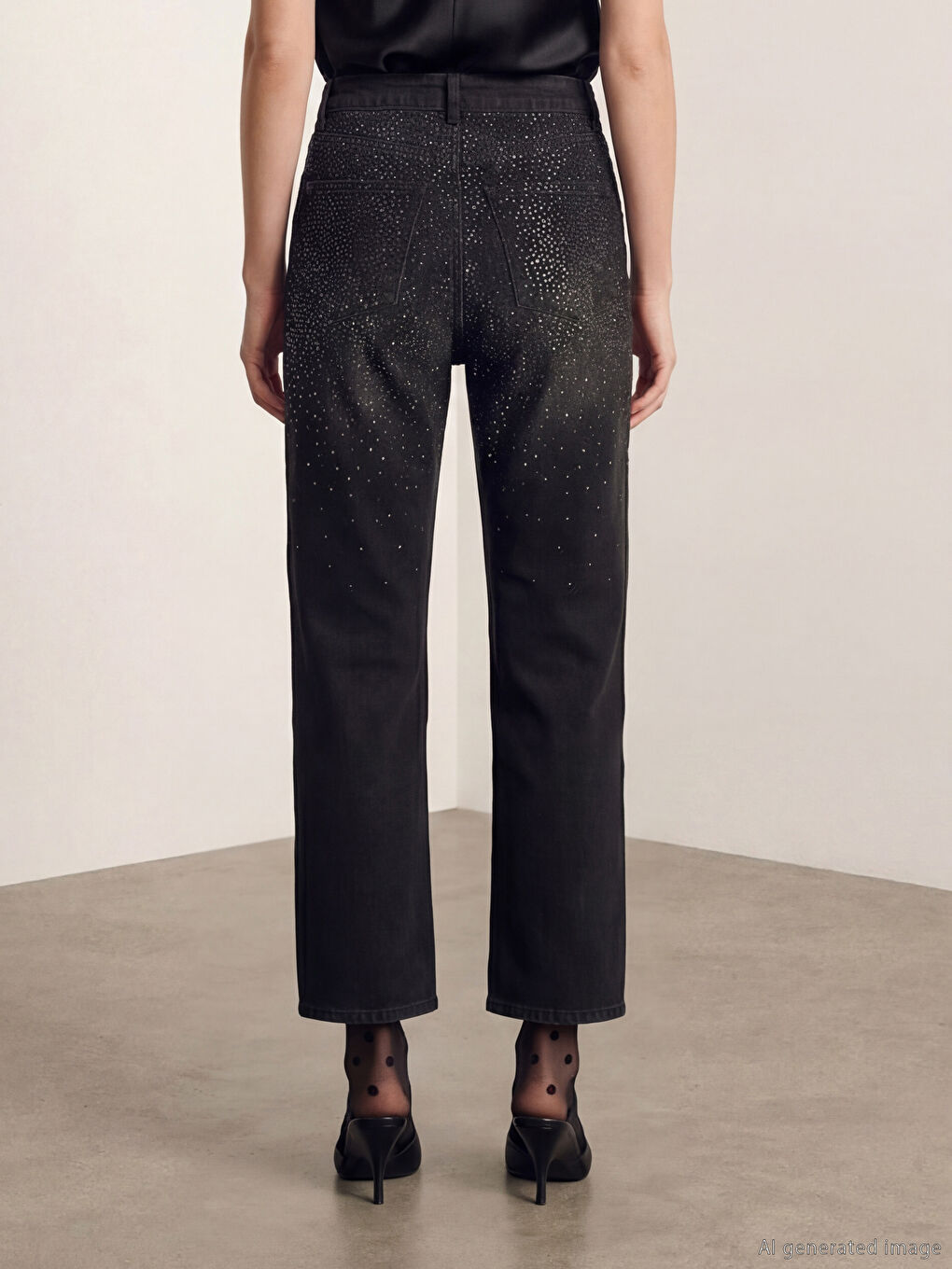 Siyah Straight Fit Taşlı Kadın Jean Pantolon-4