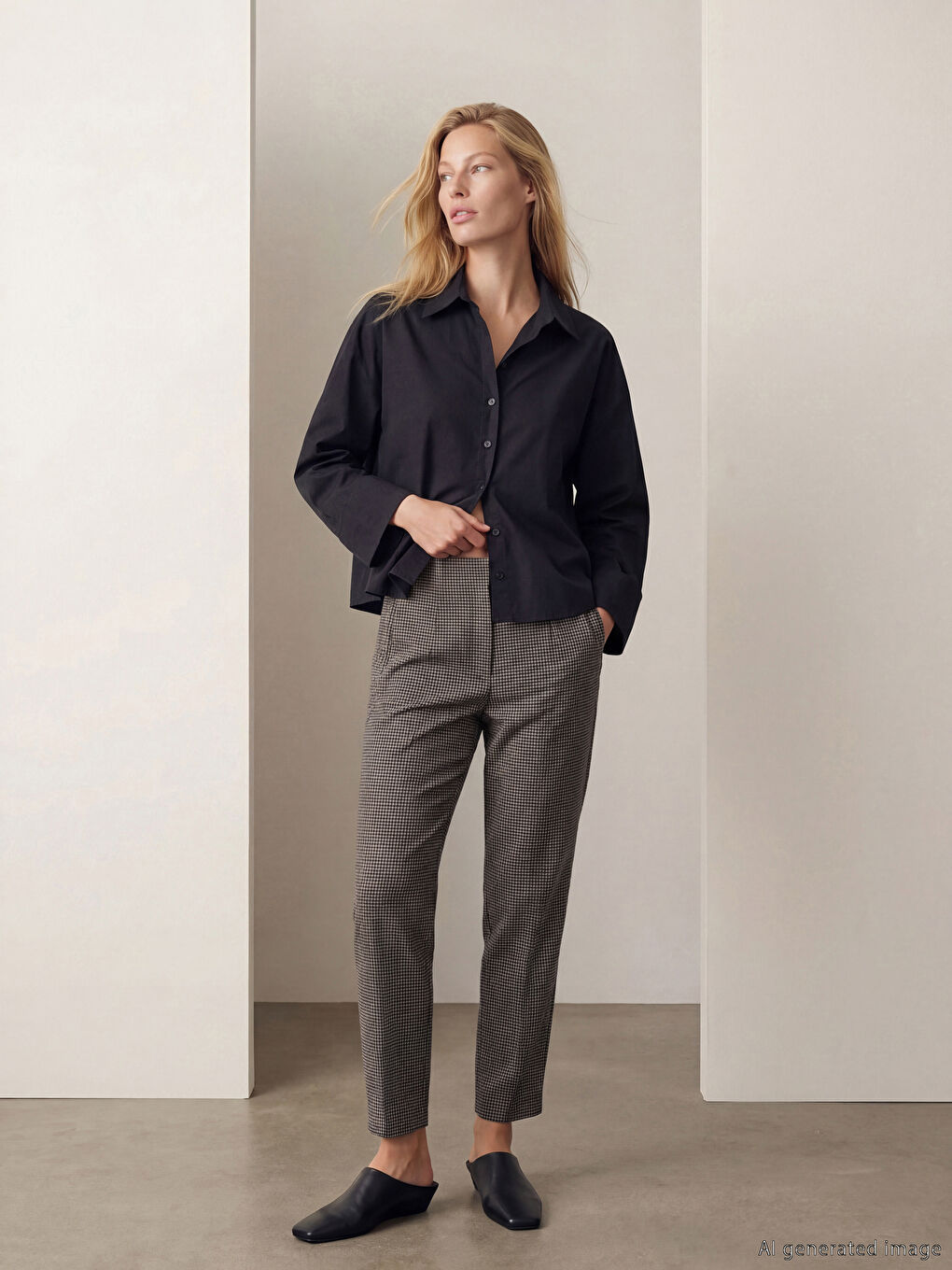 Siyah Dar Fit Ekose Kadın Pileli Kumaş Pantolon