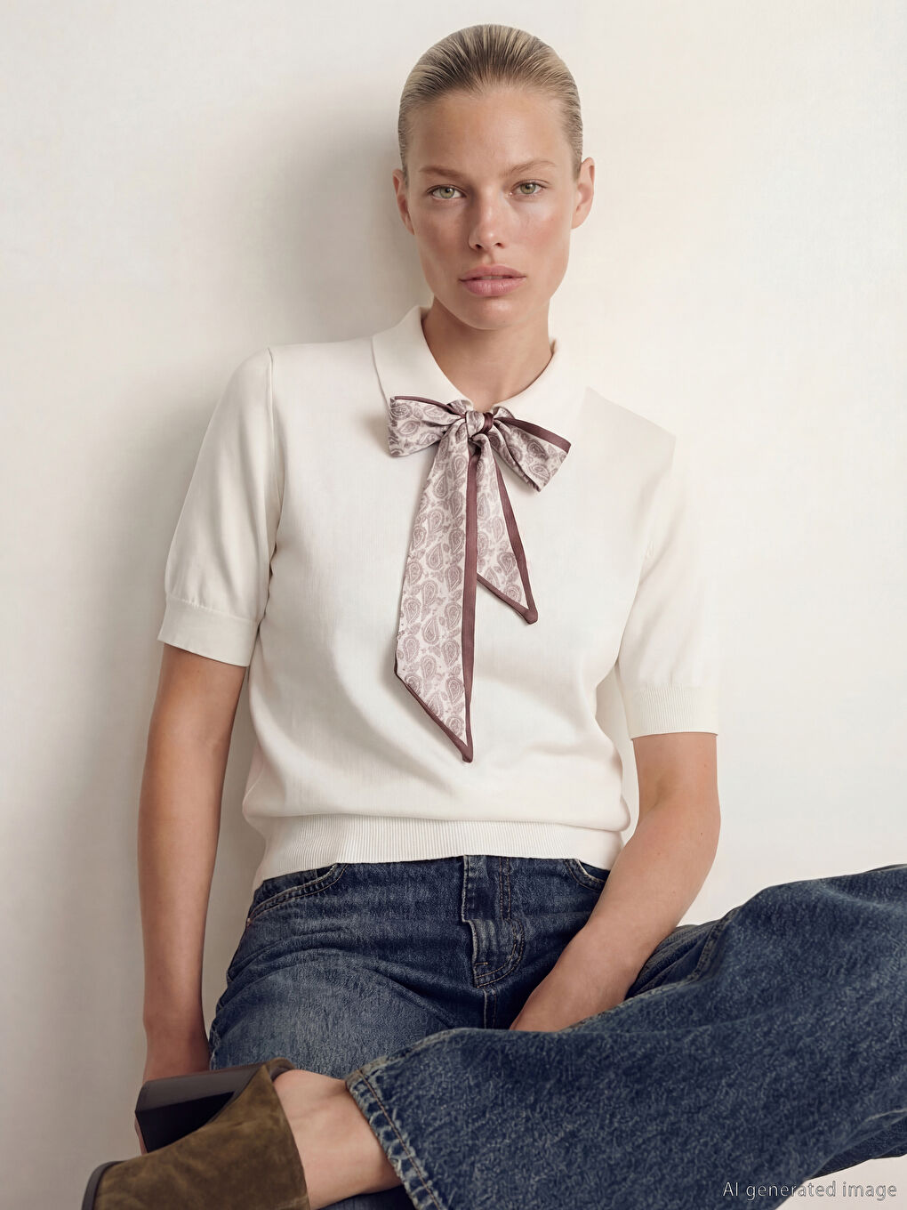 Ekru Polo Yaka Fular Detaylı Kadın Triko Kazak-1