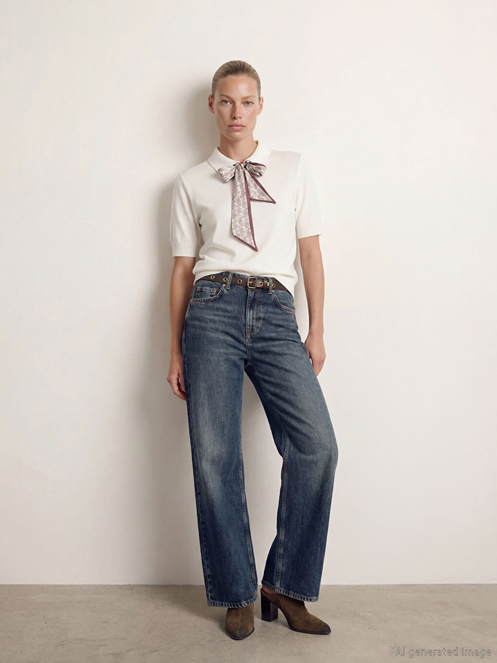 Ekru Polo Yaka Fular Detaylı Kadın Triko Kazak-2