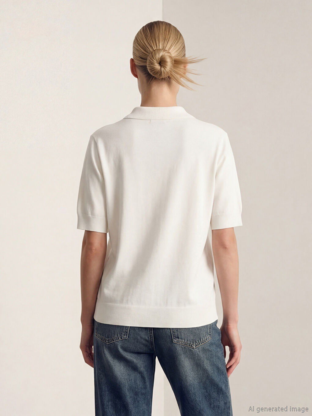 Ekru Polo Yaka Fular Detaylı Kadın Triko Kazak-4