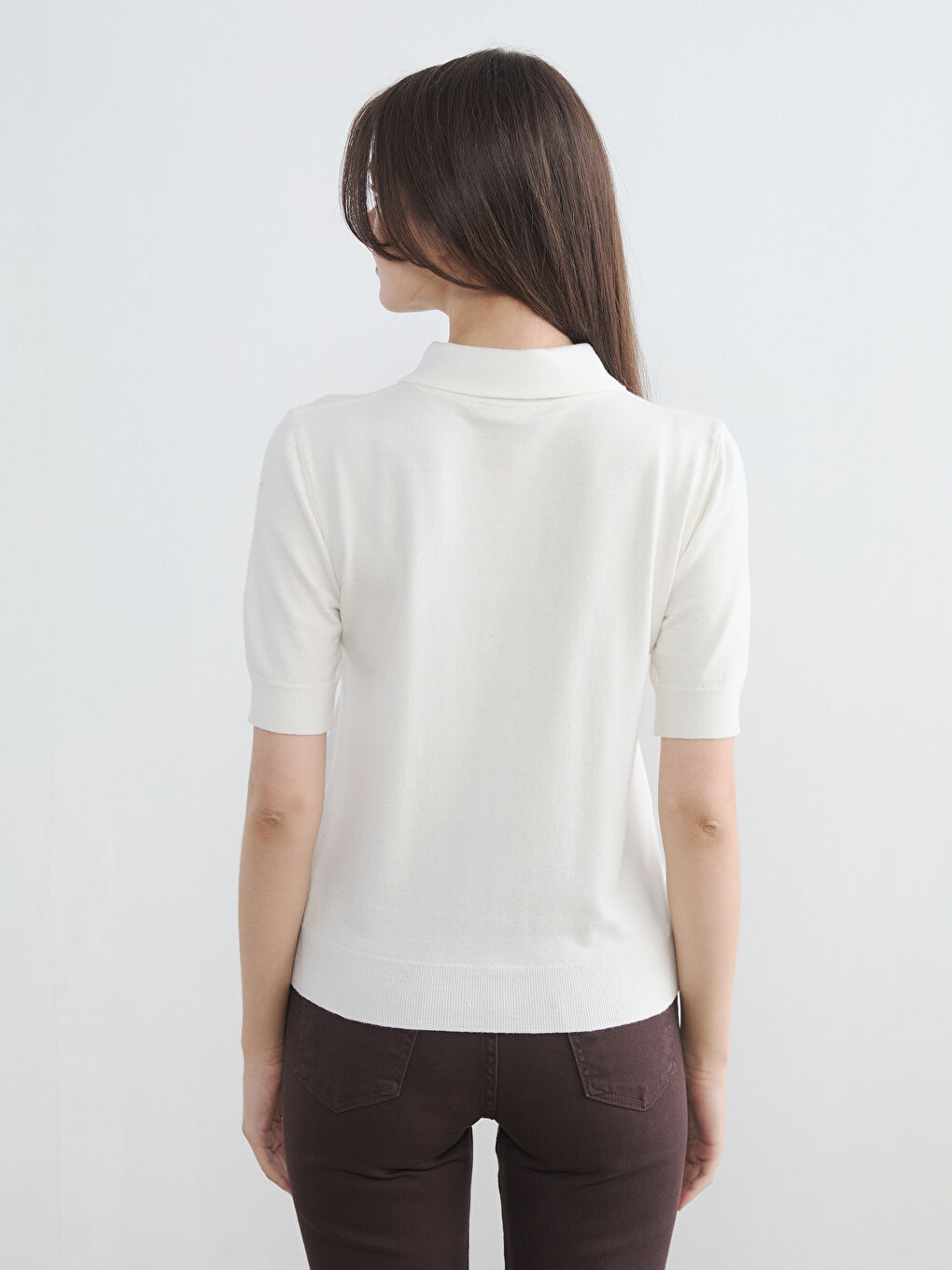 Ekru Polo Yaka Fular Detaylı Kadın Triko Kazak-3