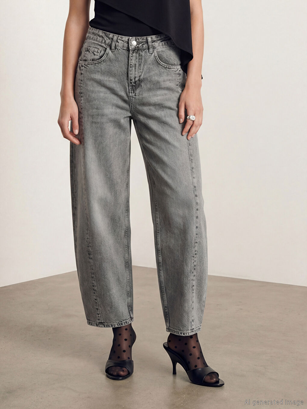 Gri Balloon Fit Kadın Jean Pantolon-1