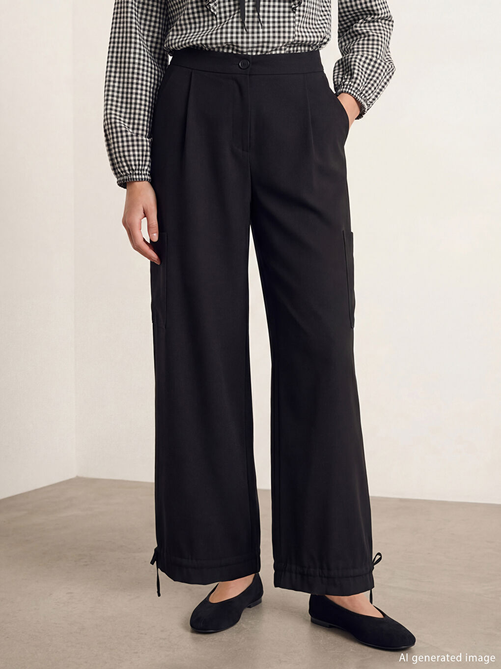 Siyah Standart Fit Kadın Kargo Pantolon-1