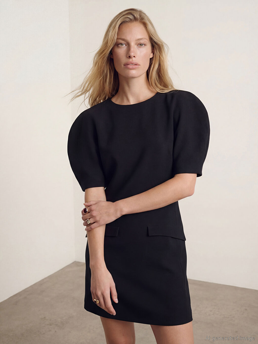 Siyah Karpuz Kollu Mini Elbise