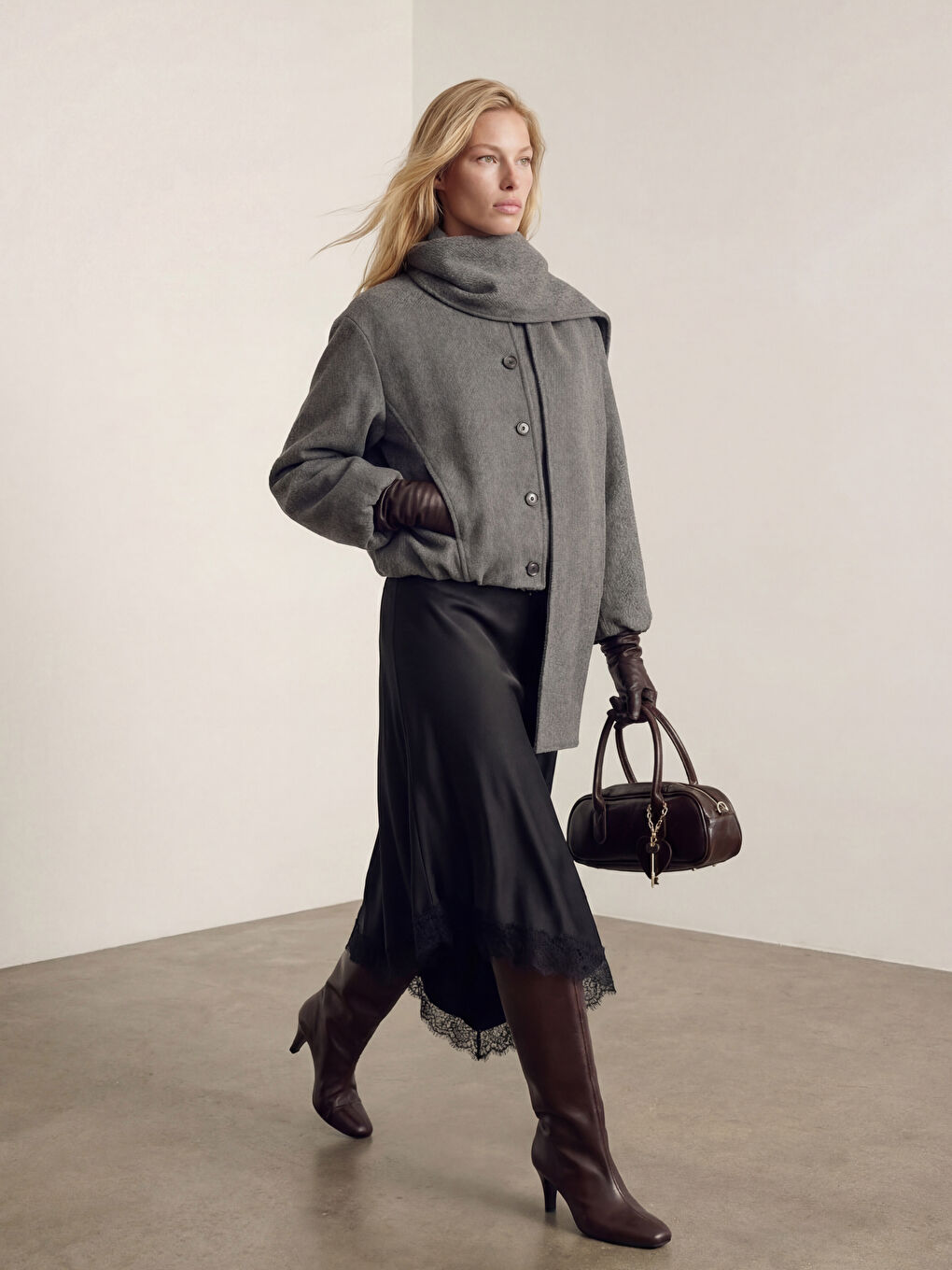 Antrasit Şal Yaka Oversize Kadın Kaşe Kaban