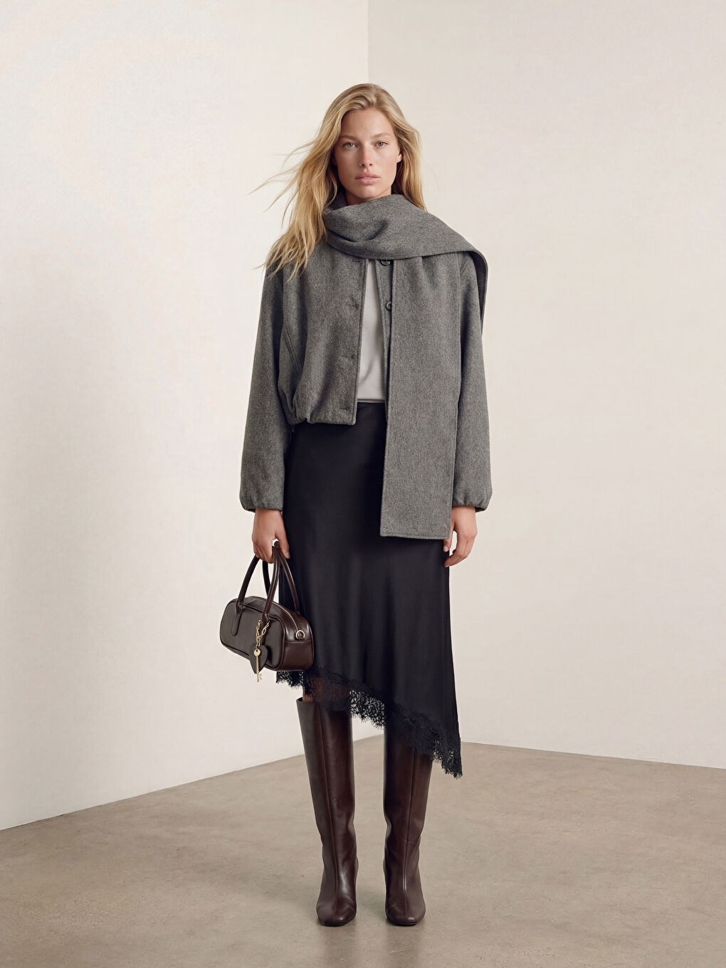 Antrasit Şal Yaka Oversize Kadın Kaşe Kaban-1