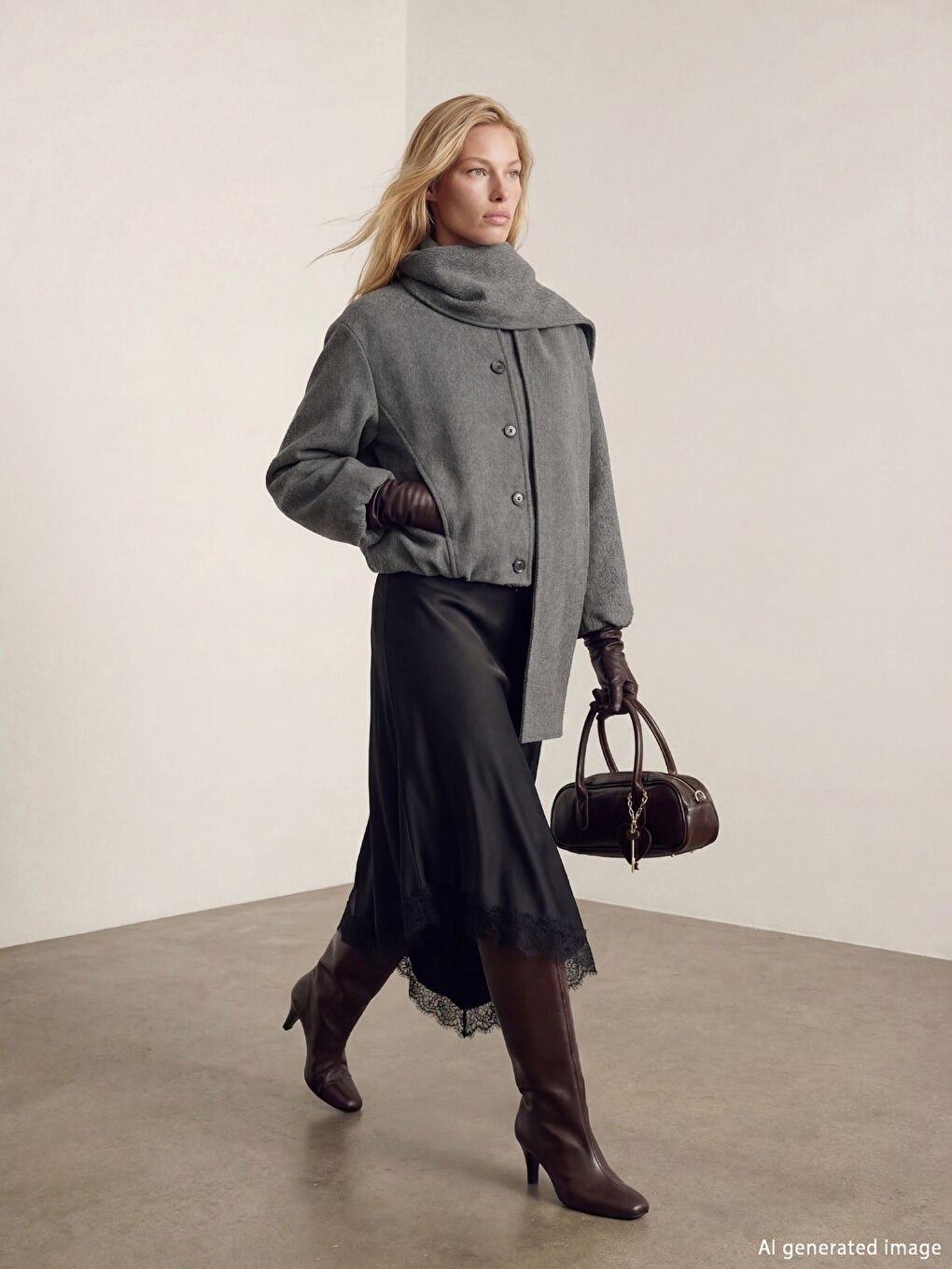 Antrasit Şal Yaka Oversize Kadın Kaşe Kaban-4