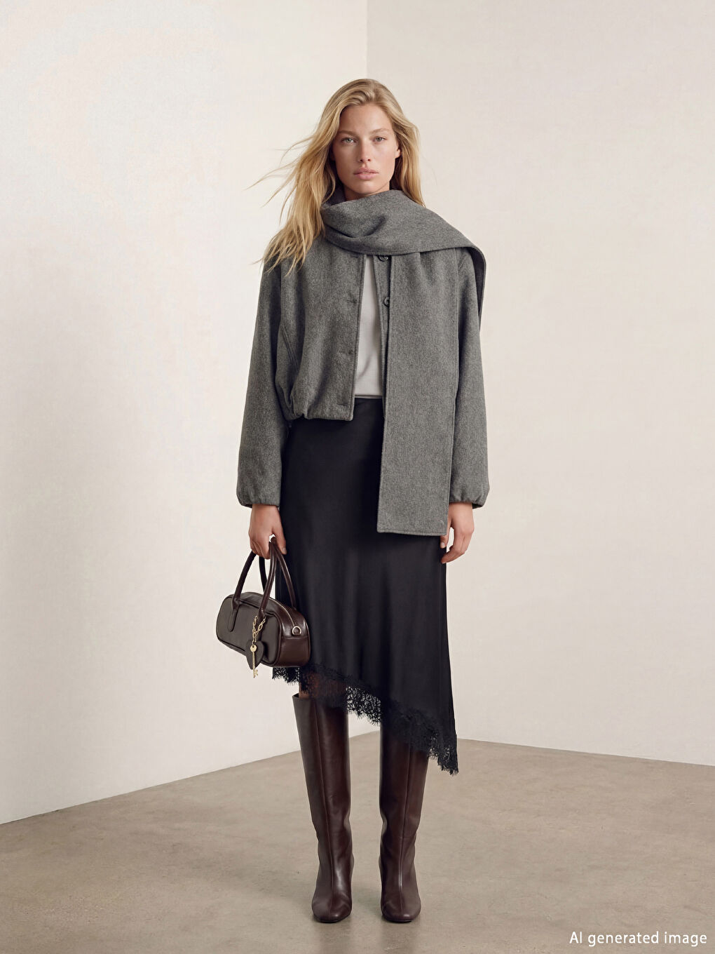 Antrasit Şal Yaka Oversize Kadın Kaşe Kaban-5