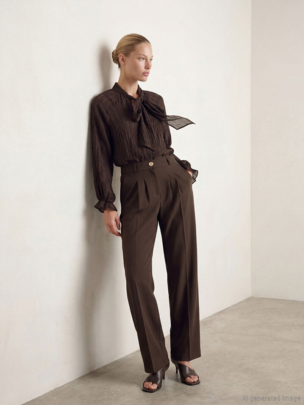 Kahverengi Yüksek Bel Geniş Paça Kadın Pileli Kumaş Pantolon