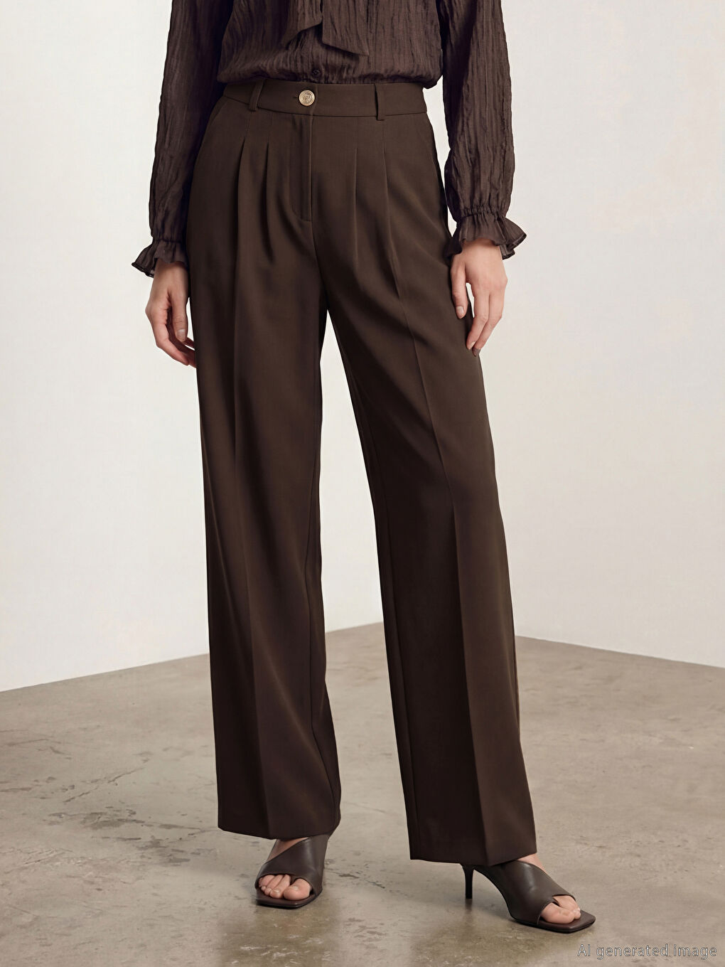 Kahverengi Yüksek Bel Geniş Paça Kadın Pileli Kumaş Pantolon-1