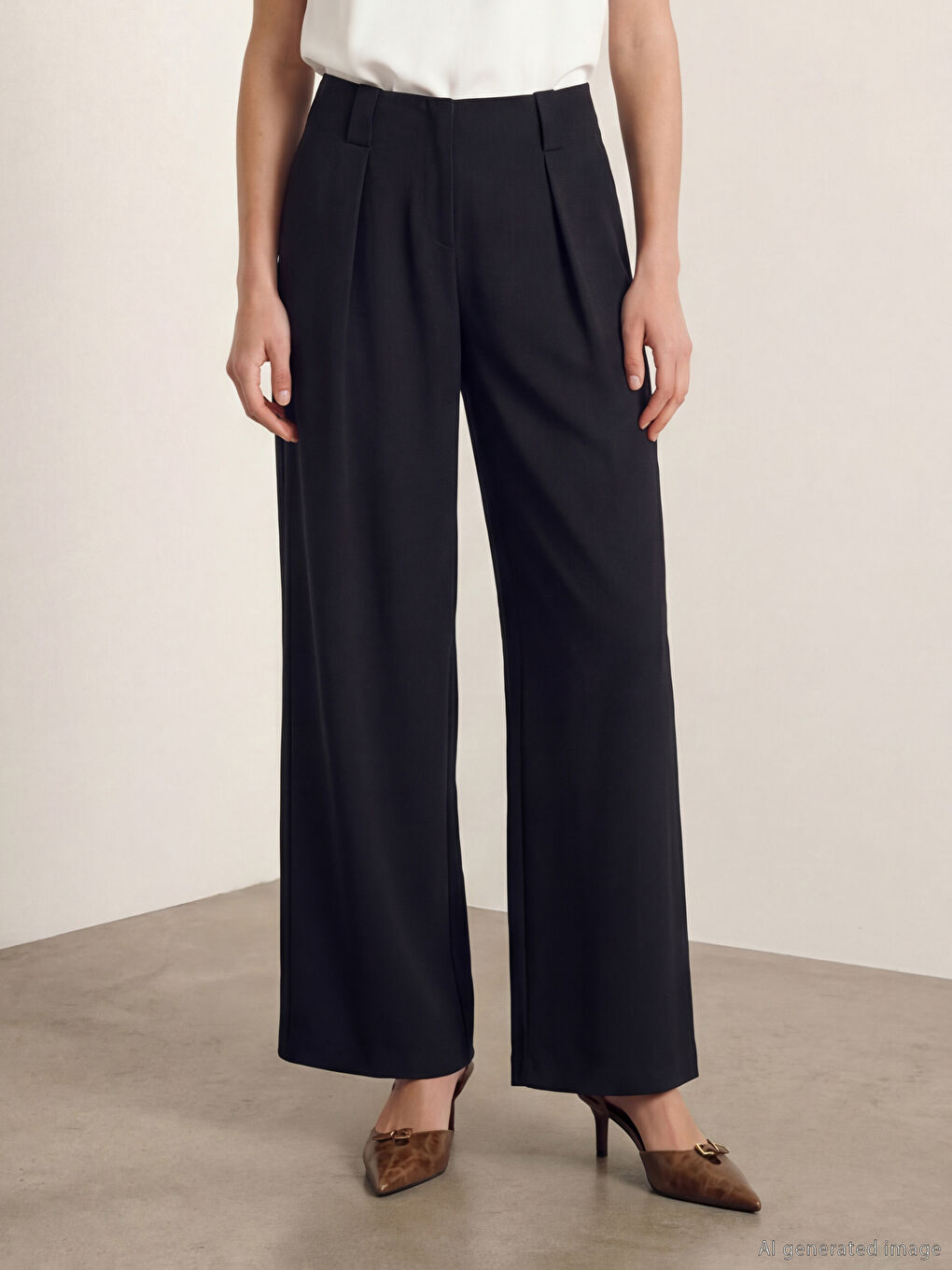 Lacivert Yüksek Bel Geniş Paça Kadın Pileli Kumaş Pantolon-1