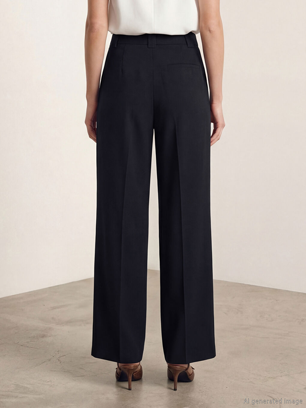 Lacivert Yüksek Bel Geniş Paça Kadın Pileli Kumaş Pantolon-2