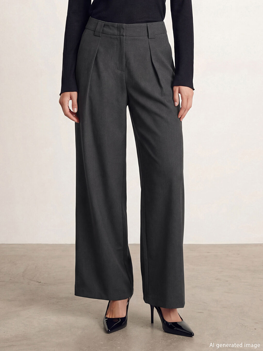 Antrasit Yüksek Bel Geniş Paça Kadın Pileli Kumaş Pantolon-1