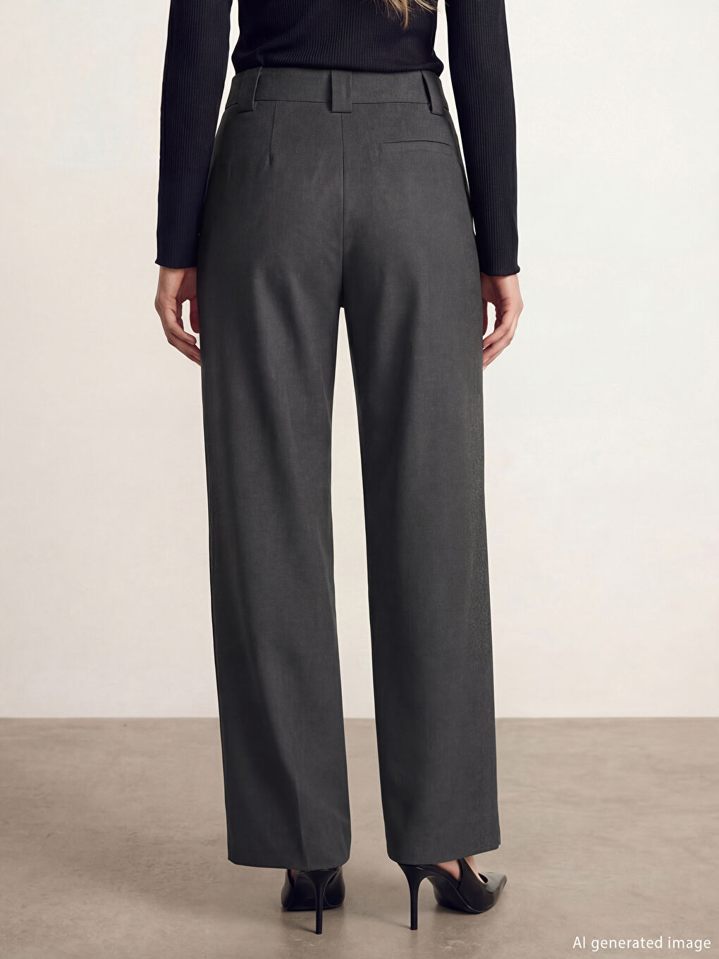 Antrasit Yüksek Bel Geniş Paça Kadın Pileli Kumaş Pantolon-2