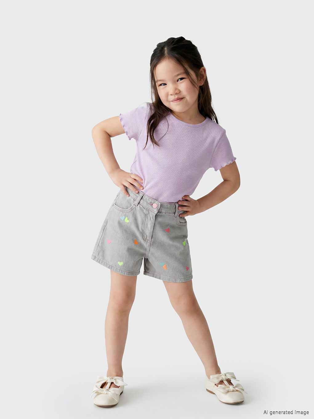 Heart Embroidered Girls' Jean Shorts-1