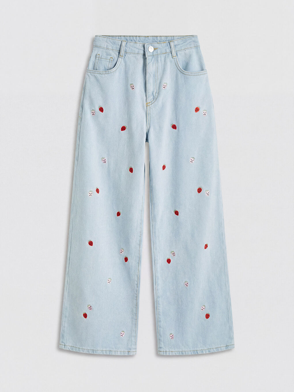 İndigo Wideleg Çilek Nakışlı Kız Çocuk Jean Pantolon