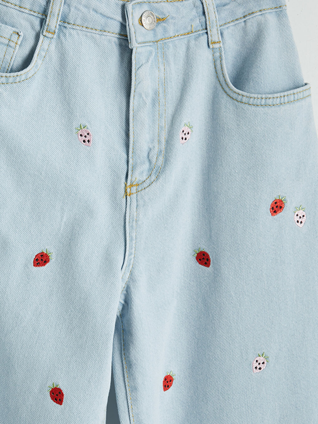 İndigo Wideleg Çilek Nakışlı Kız Çocuk Jean Pantolon-2