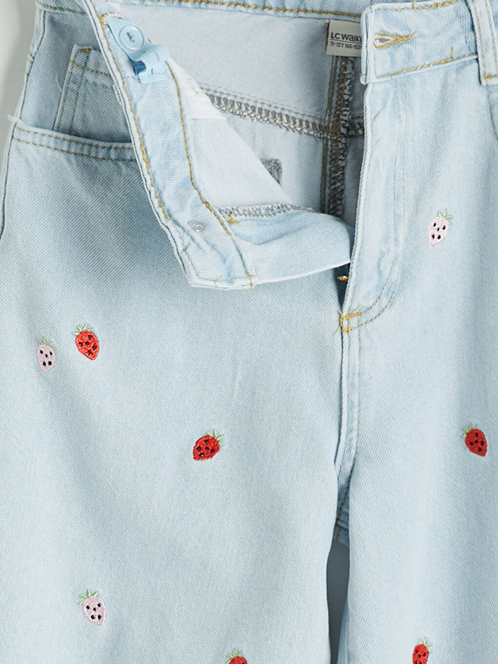 İndigo Wideleg Çilek Nakışlı Kız Çocuk Jean Pantolon-3